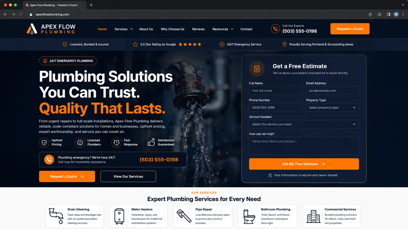 The rebuilt website — dark hero, quote form, and clear service cards
