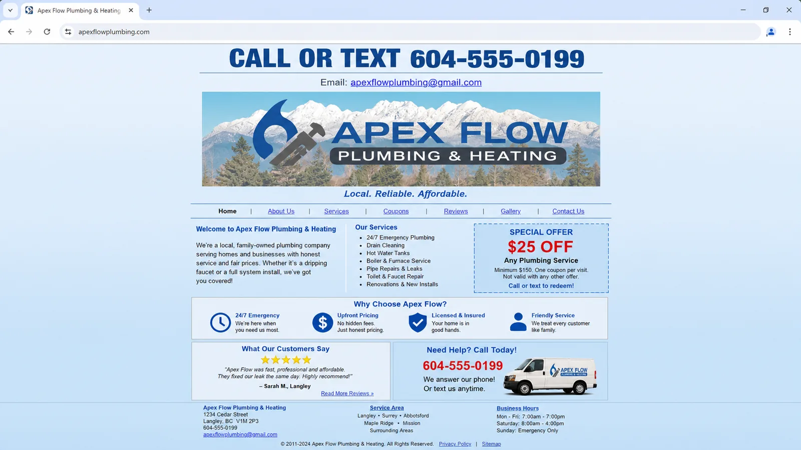 A typical DIY-builder website — cramped blue text layout with clip art and a coupon box