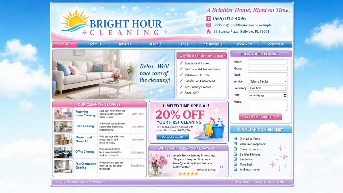 Bright Hour Cleaning concept — the dated design it replaces