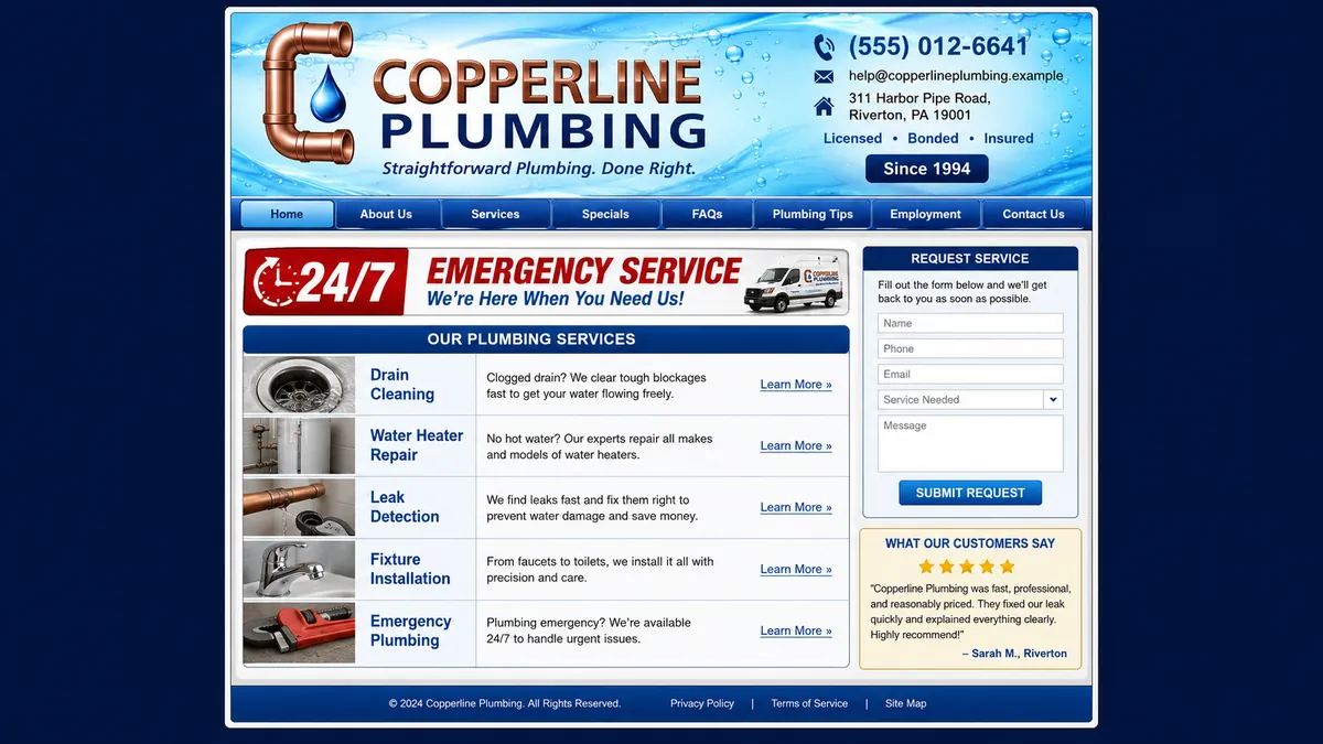 Copperline Plumbing concept — the dated design it replaces