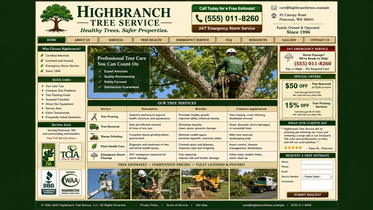 Highbranch Tree Service concept — the dated design it replaces